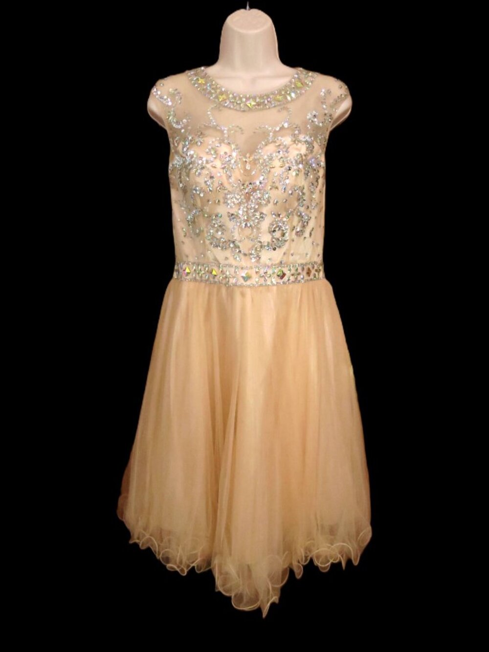 May Queen Couture Dk Creamy Gold Dress Rhinestones Curly Hem Size 8